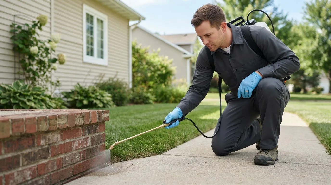 Pest control technician treating a home near New Raymer, CO